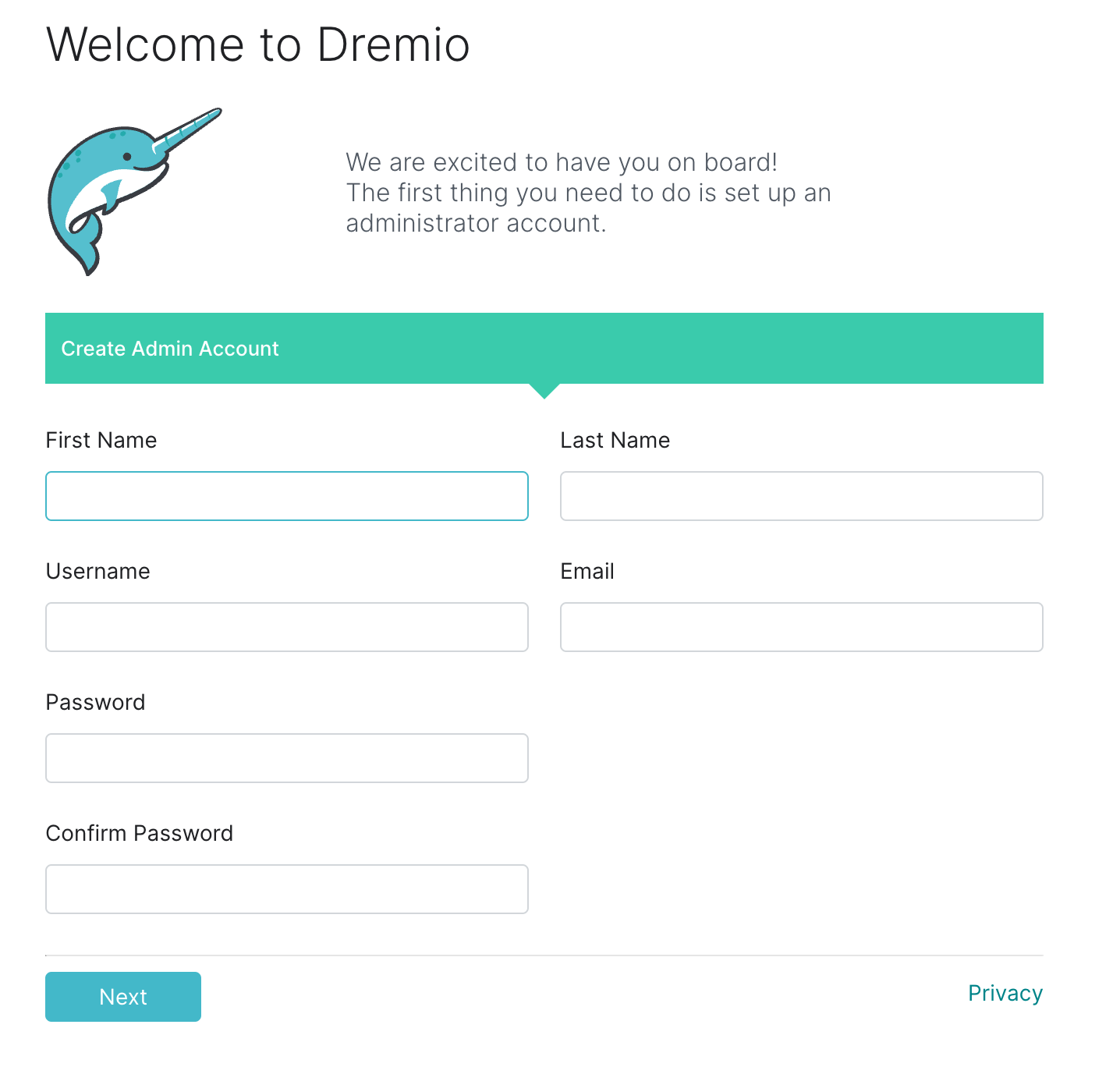 Dremio welcome interface